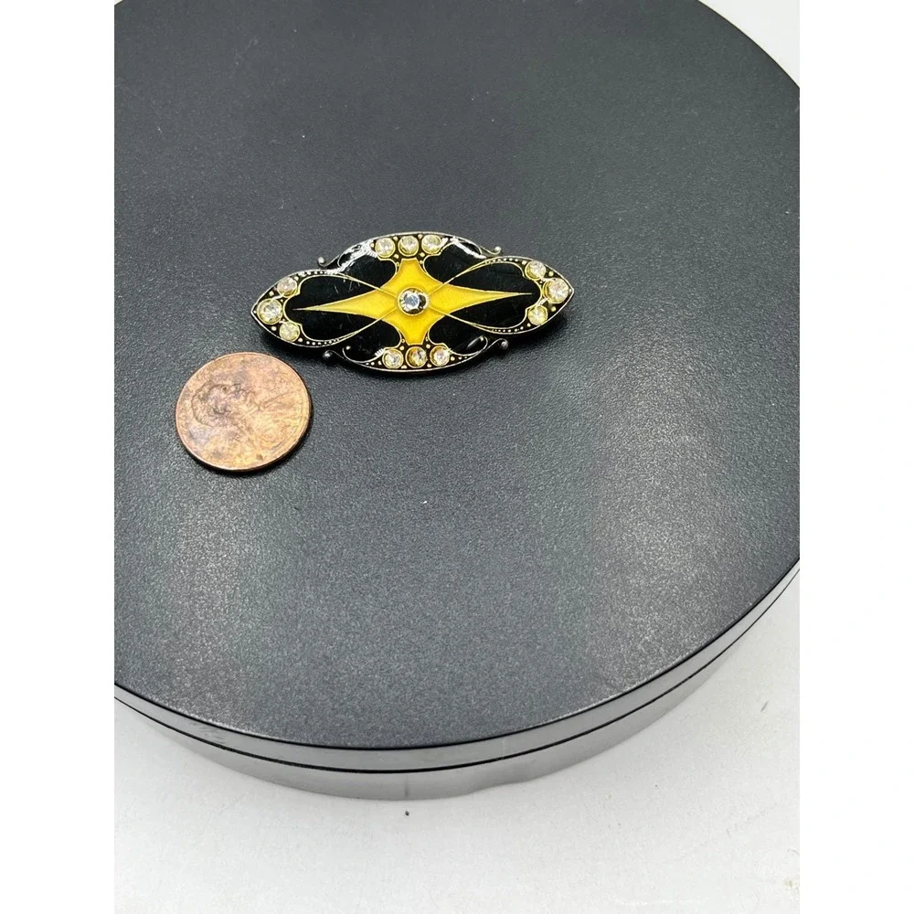 Catherine Popesco Unsigned Black Enamel Gold Tone rhinestone Art Deco Brooch